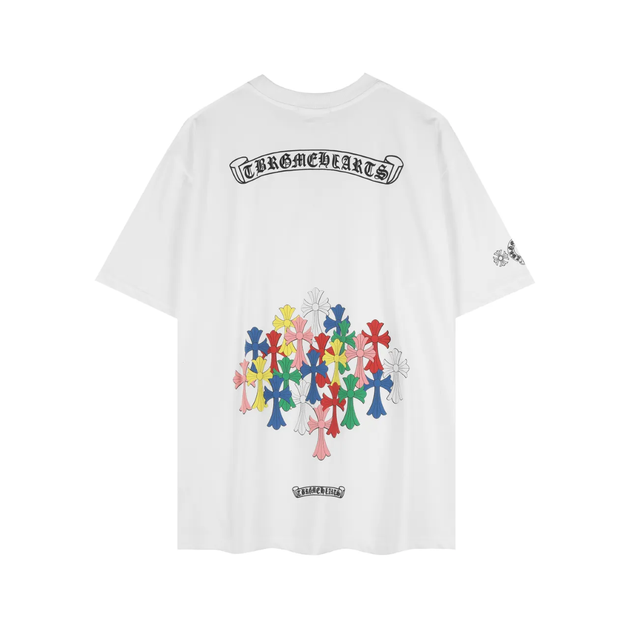 P150 Chrome Hearts Sanskrit Rainbow Horseshoe Print Cross Short Sleeves Size: SMLXL Color: Black White